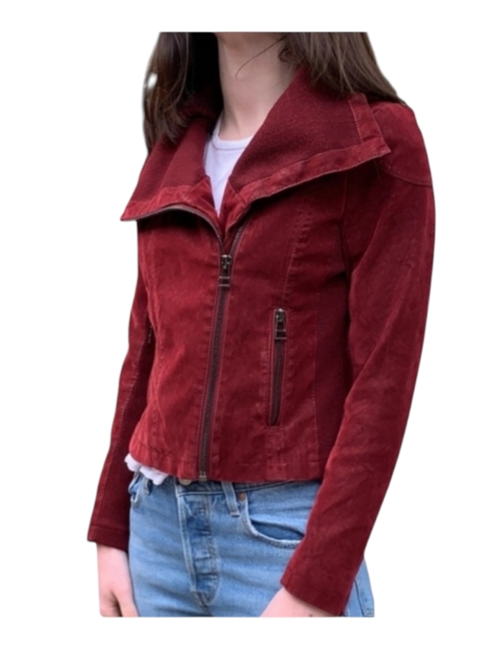 Thread & Supply Faux Leather Moto Biker Jacket Oxblood Red Mixed Fabric Medium